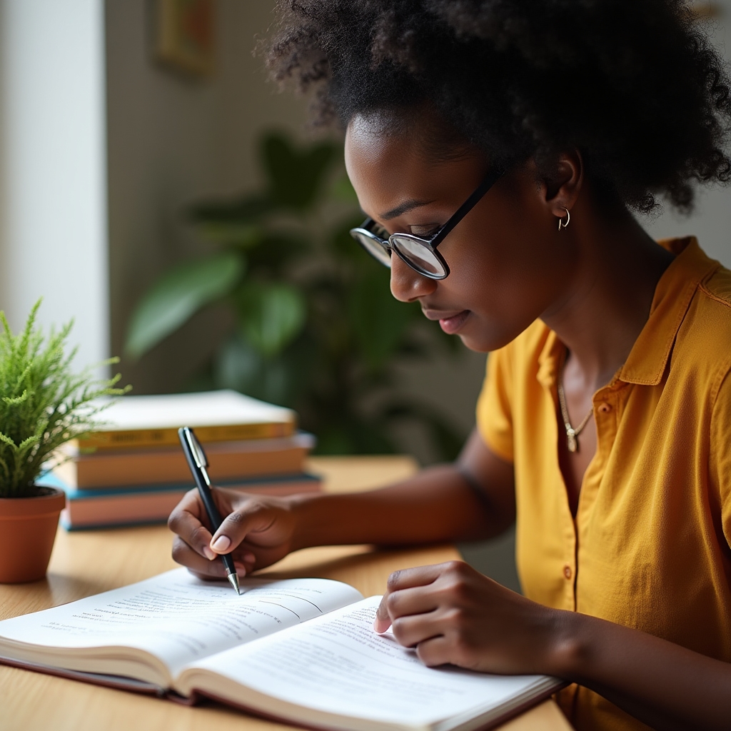 Mano escribiendo en cuaderno de journaling con prompts de autoconocimiento